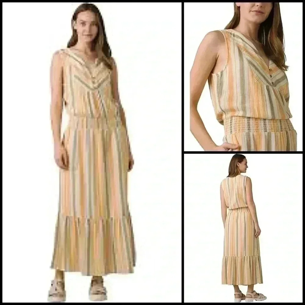 Prana California Dreaming Golden Hour Stripe Gorpcore Beach Midi Dress Size M